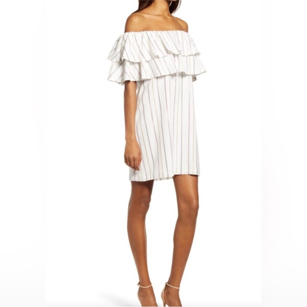CHARLES‎ HENRY Metallic Stripe Off-the-Shoulder Popover Dress Ivory